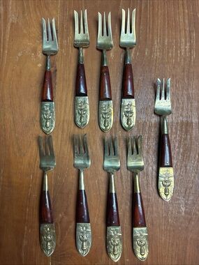 Vintage Siam Thailand Fork Dessert Appetizer 9 pcs Silverware Brass Wood Handle